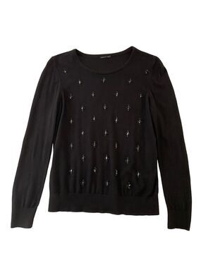 Ann Taylor Black Beaded Knit Sweater Long Sleeve Scoop Neck Medium Classic